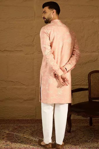Men peach viscose rayon solid embroidered straight kurta