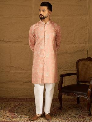 Men peach viscose rayon solid embroidered straight kurta 5