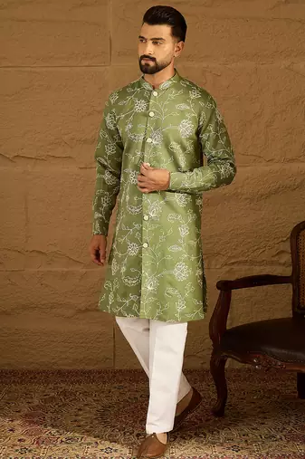 Men green viscose rayon solid embroidered straight kurta