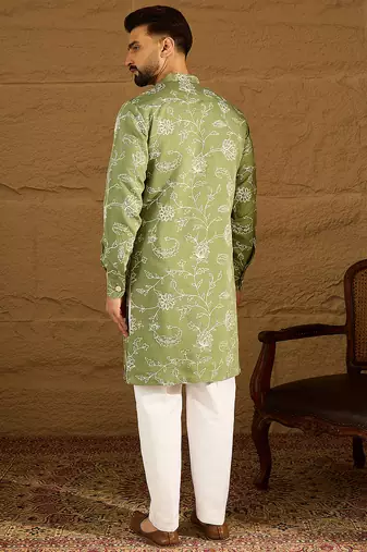 Men green viscose rayon solid embroidered straight kurta