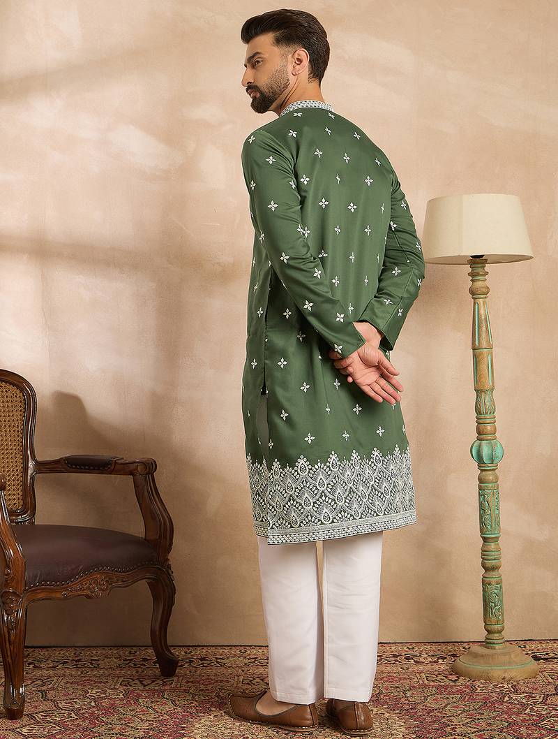Men green silk blend solid embroidered straight kurta