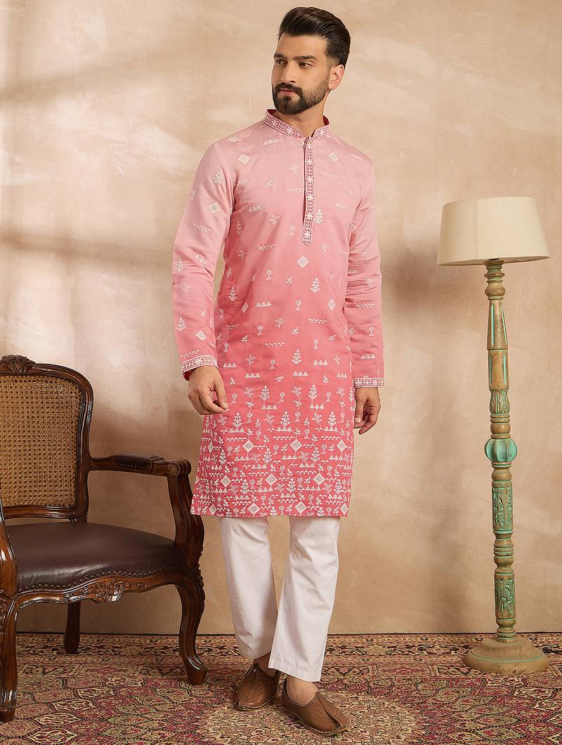 Men pink silk blend ombre embroidered straight kurta