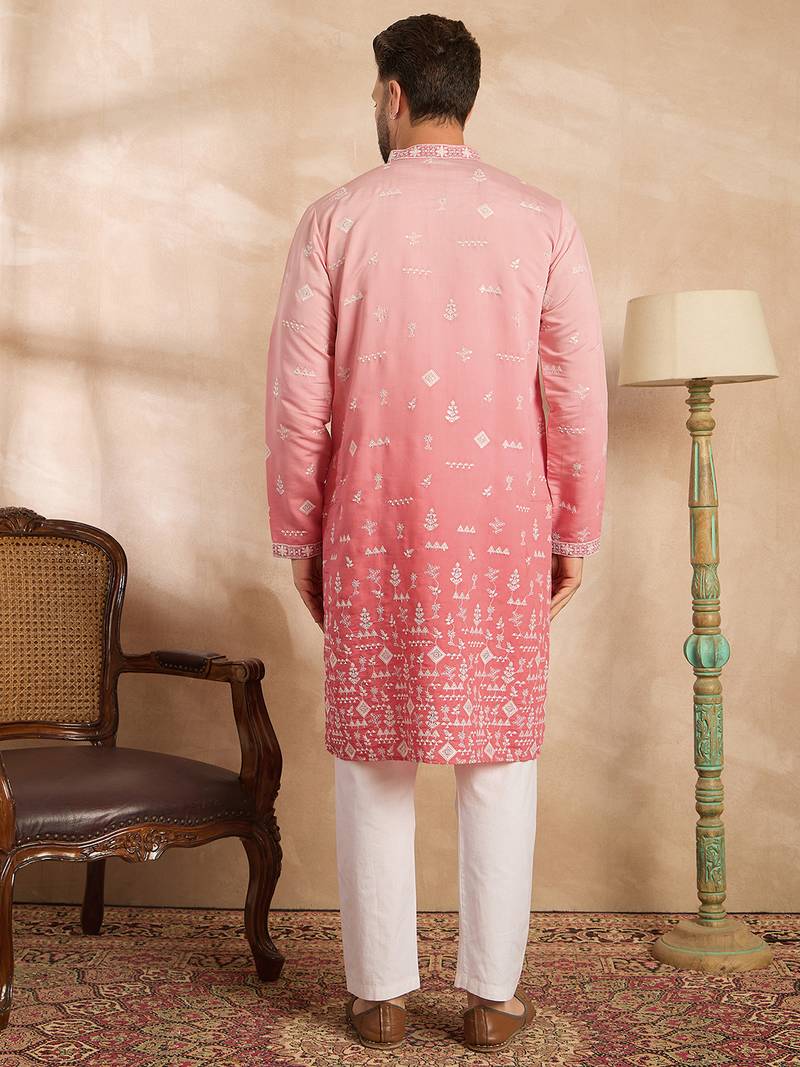 Men pink silk blend ombre embroidered straight kurta
