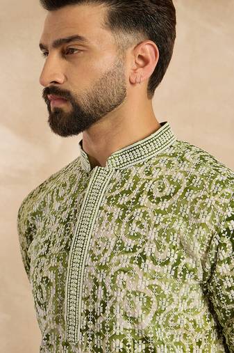 Men green viscose rayon batik embroidered straight kurta