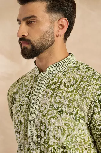 Men green viscose rayon batik embroidered straight kurta
