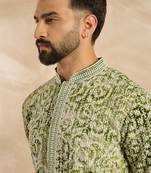 Men green viscose rayon batik embroidered straight kurta