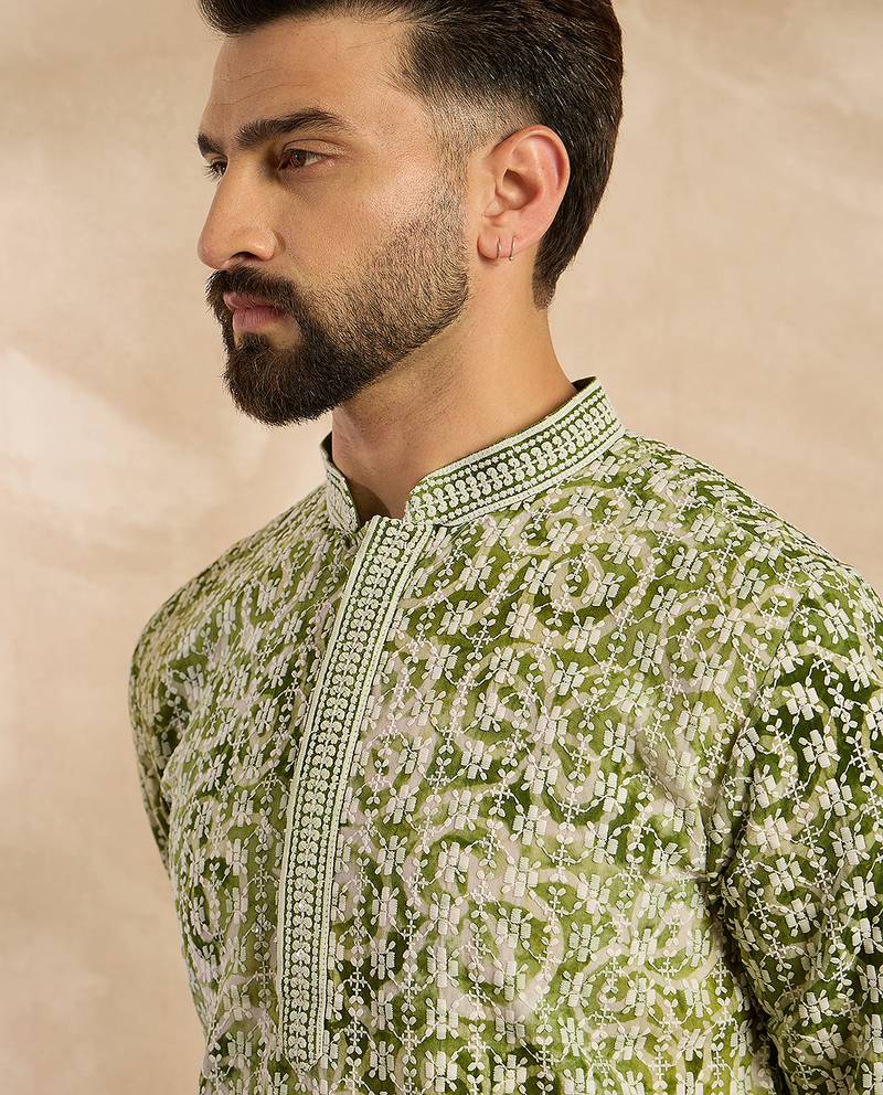 Men green viscose rayon batik embroidered straight kurta