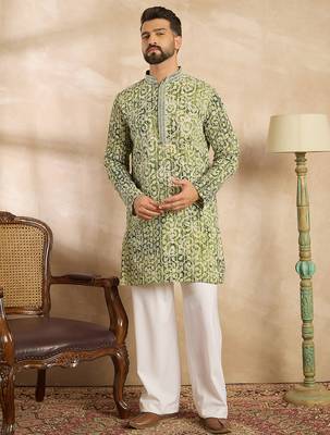 Men green viscose rayon batik embroidered straight kurta 2