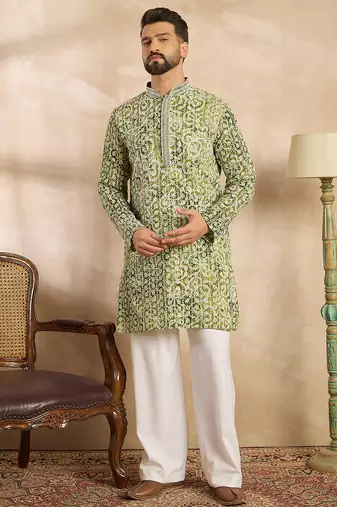 Men green viscose rayon batik embroidered straight kurta