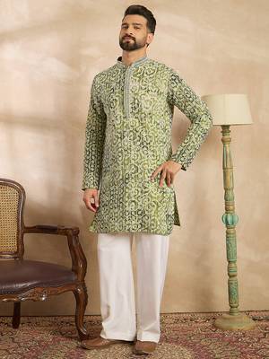 Men green viscose rayon batik embroidered straight kurta 5