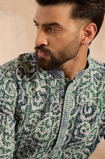 Men green viscose rayon batik embroidered straight kurta