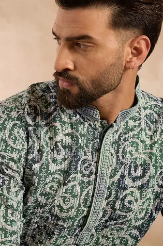 Men green viscose rayon batik embroidered straight kurta