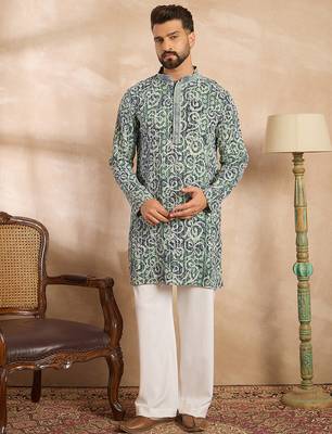 Men green viscose rayon batik embroidered straight kurta 2