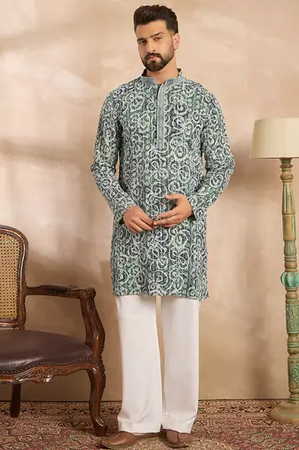 Men green viscose rayon batik embroidered straight kurta