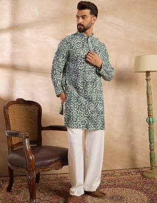 Men green viscose rayon batik embroidered straight kurta 3