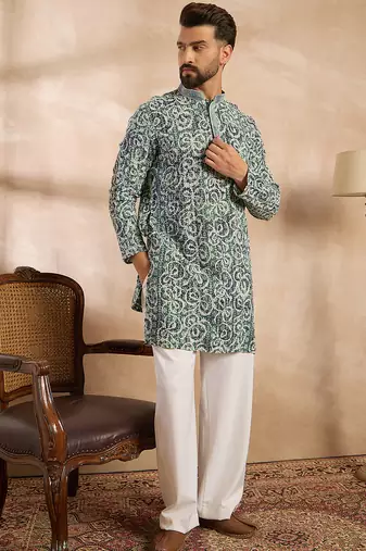 Men green viscose rayon batik embroidered straight kurta