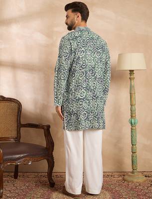 Men green viscose rayon batik embroidered straight kurta 4