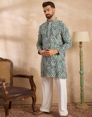 Men green viscose rayon batik embroidered straight kurta 5
