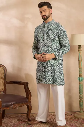 Men green viscose rayon batik embroidered straight kurta