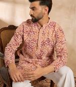 Men orange viscose rayon batik embroidered straight kurta