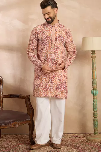 Men orange viscose rayon batik embroidered straight kurta
