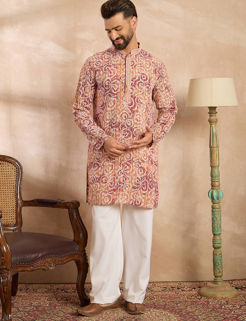 Men orange viscose rayon batik embroidered straight kurta