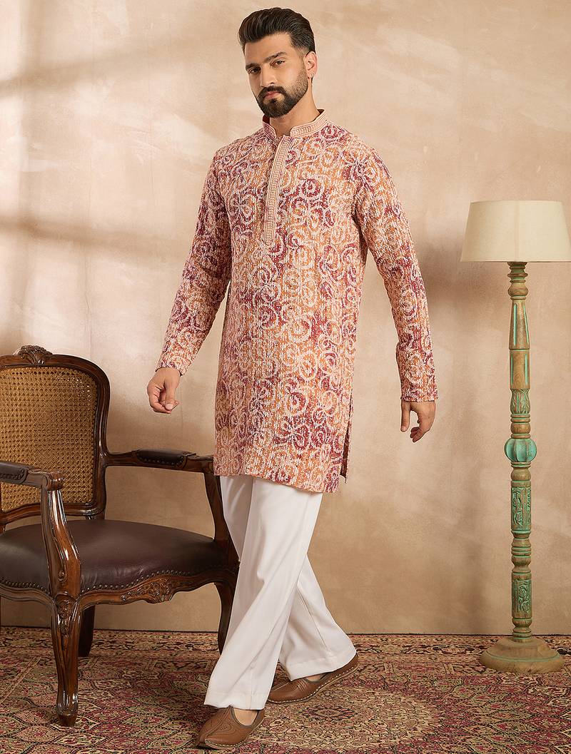 Men orange viscose rayon batik embroidered straight kurta