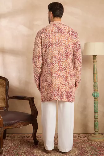 Men orange viscose rayon batik embroidered straight kurta