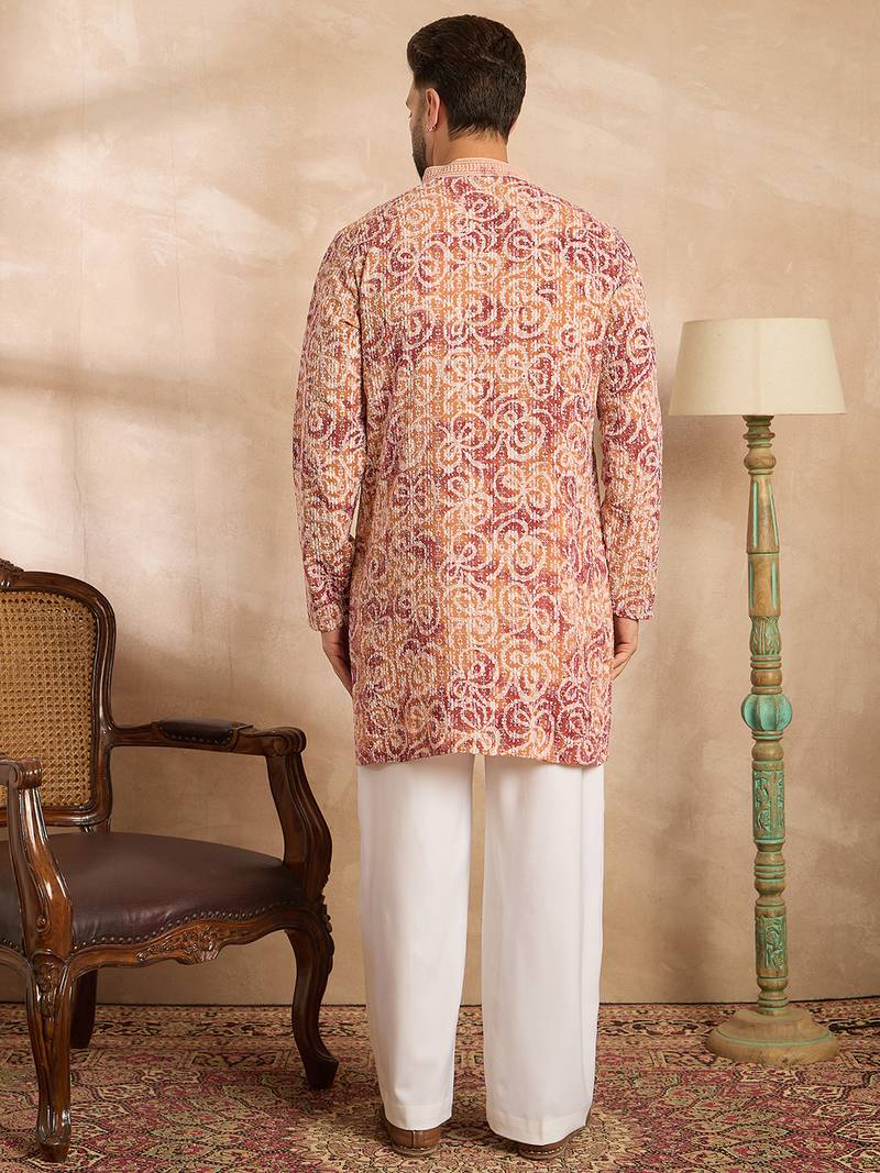 Men orange viscose rayon batik embroidered straight kurta