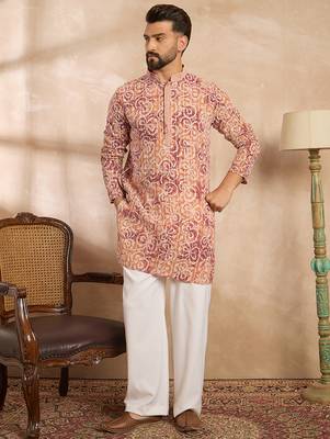 Men orange viscose rayon batik embroidered straight kurta 5