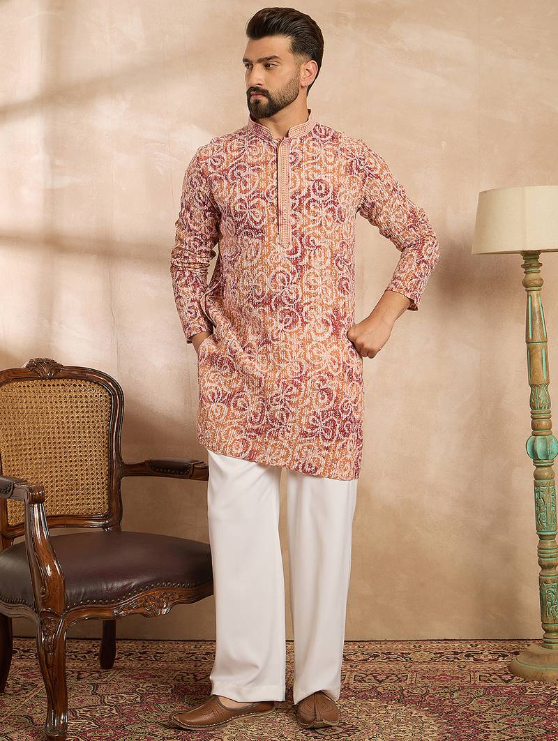 Men orange viscose rayon batik embroidered straight kurta