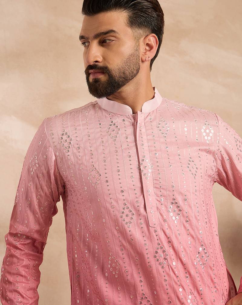 Men pink silk blend ombre embroidered straight kurta