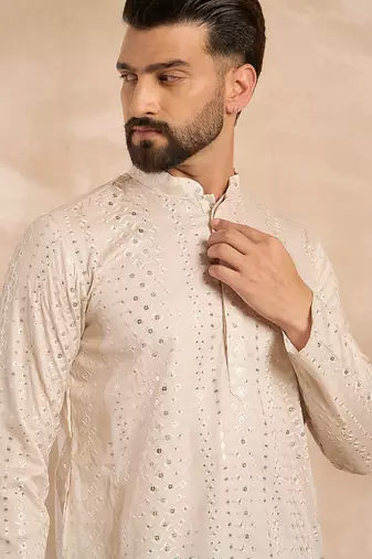 Men blue silk blend ombre embroidered straight kurta