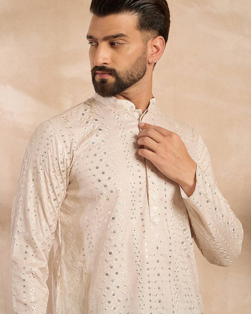 Men blue silk blend ombre embroidered straight kurta