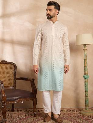 Men blue silk blend ombre embroidered straight kurta 2