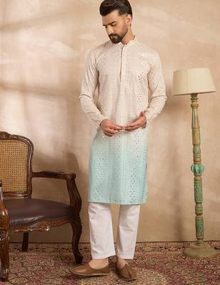 Men blue silk blend ombre embroidered straight kurta 5
