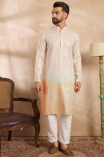 Men peach silk blend ombre embroidered straight kurta
