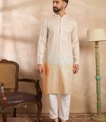 Men peach silk blend ombre embroidered straight kurta
