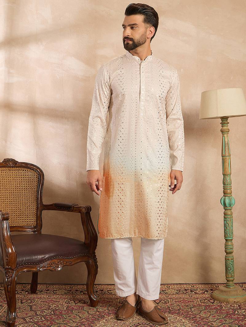 Men peach silk blend ombre embroidered straight kurta