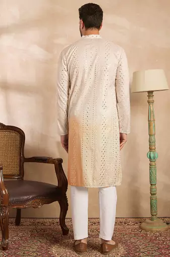 Men peach silk blend ombre embroidered straight kurta