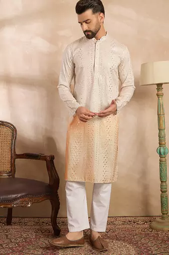 Men peach silk blend ombre embroidered straight kurta