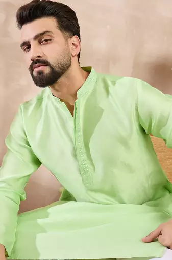 Men green silk blend solid embroidered straight kurta