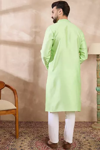 Men green silk blend solid embroidered straight kurta