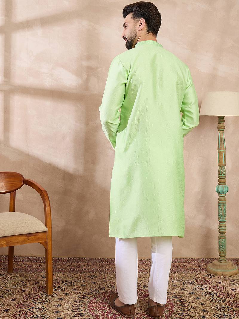 Men green silk blend solid embroidered straight kurta