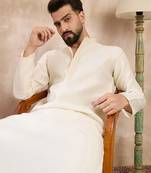 Men off white silk blend solid embroidered straight kurta