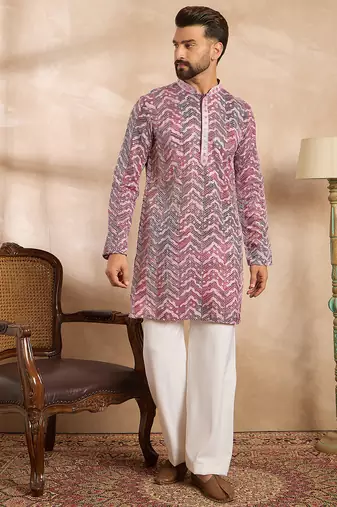 Men maroon silk blend solid embroidered straight kurta