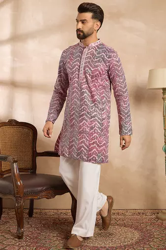Men maroon silk blend solid embroidered straight kurta