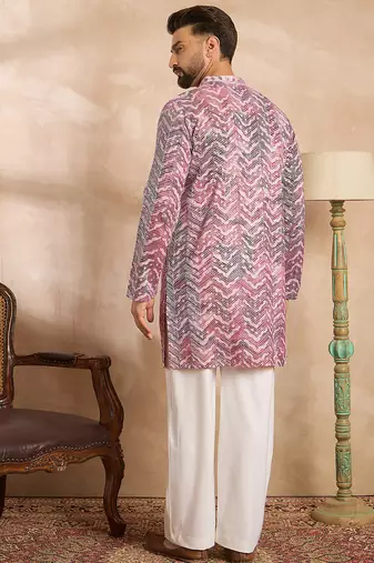 Men maroon silk blend solid embroidered straight kurta