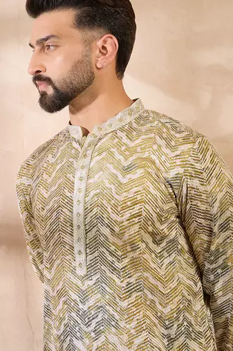Men green silk blend solid embroidered straight kurta