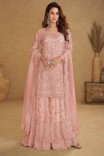 Peach embroidered net free size stitched palazzo style salwar suit